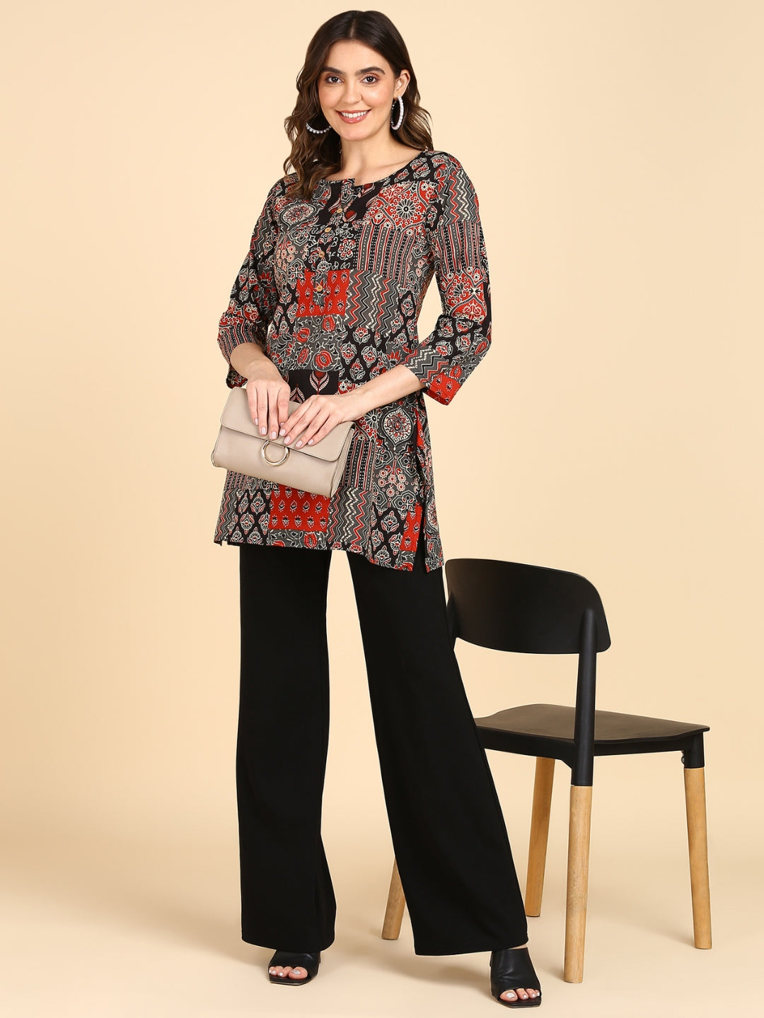 Pure Cotton Patch Printed Top - Black-Beige