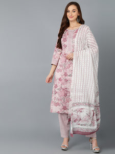 Floral Print Kurta, Pant and Dupatta Set - Pink