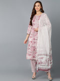 Floral Print Kurta, Pant and Dupatta Set - Pink