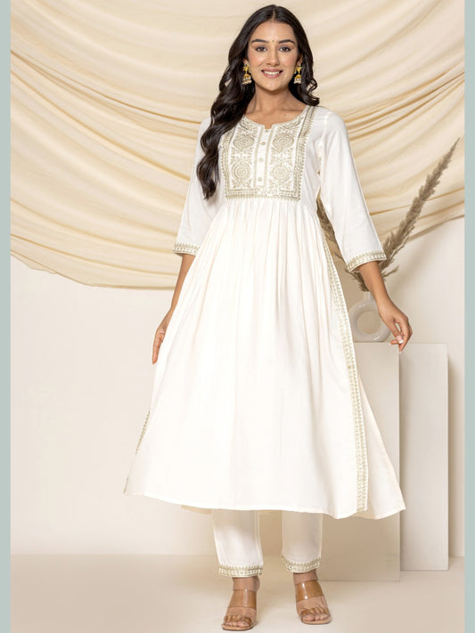 Solid Emboidered Nyra Cut Kurta with Pants - Off-White