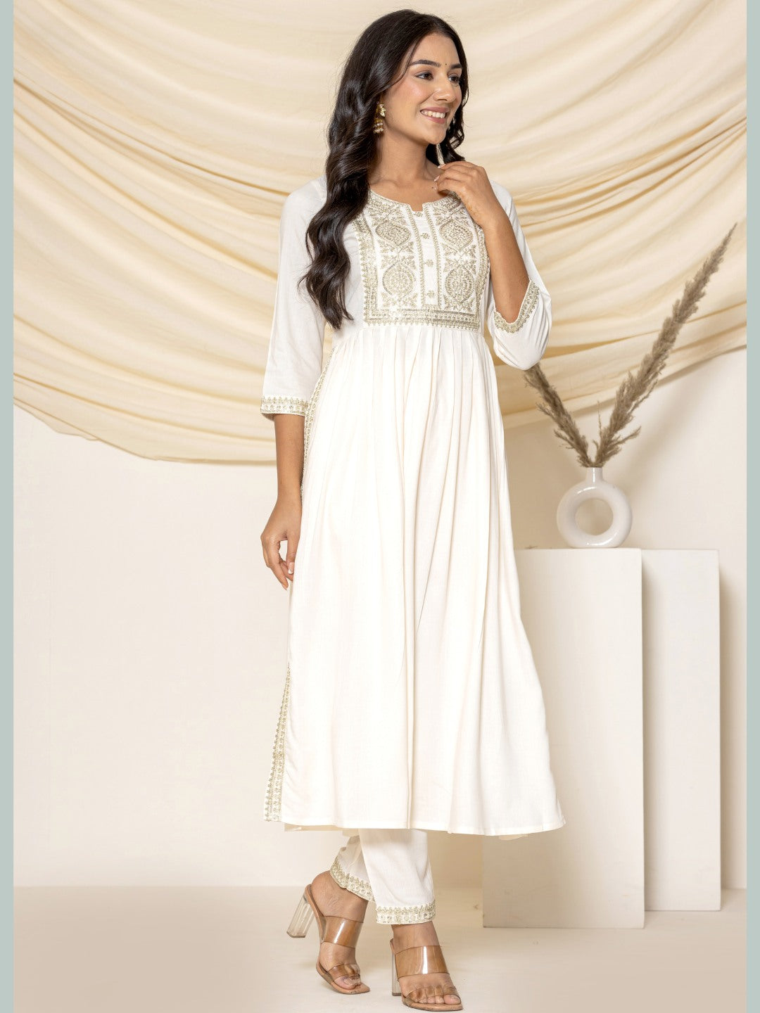 Solid Emboidered Nyra Cut Kurta with Pants - Off-White