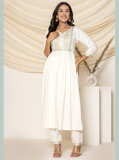 Solid Emboidered Nyra Cut Kurta with Pants - Off-White