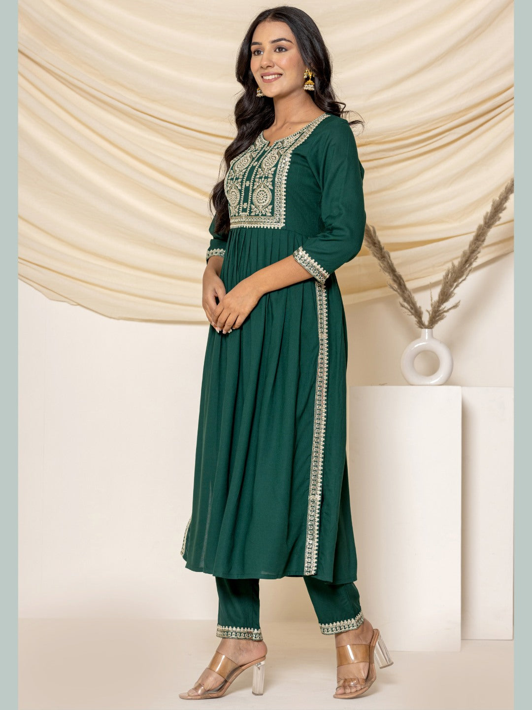 Solid Emboidered Nyra Cut Kurta with Pants - Bottle Green