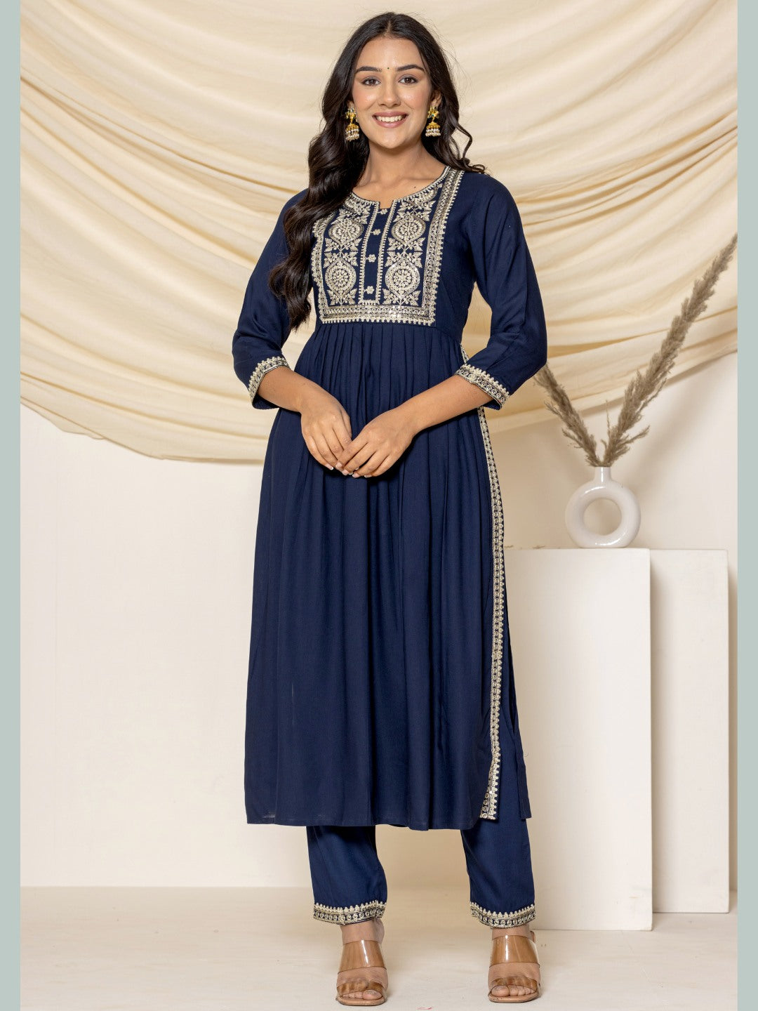 Solid Emboidered Nyra Cut Kurta with Pants - Navy