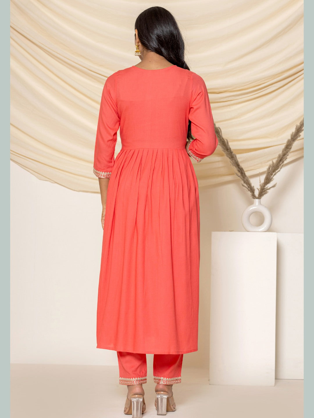 Solid Emboidered Nyra Cut Kurta with Pants - Peach