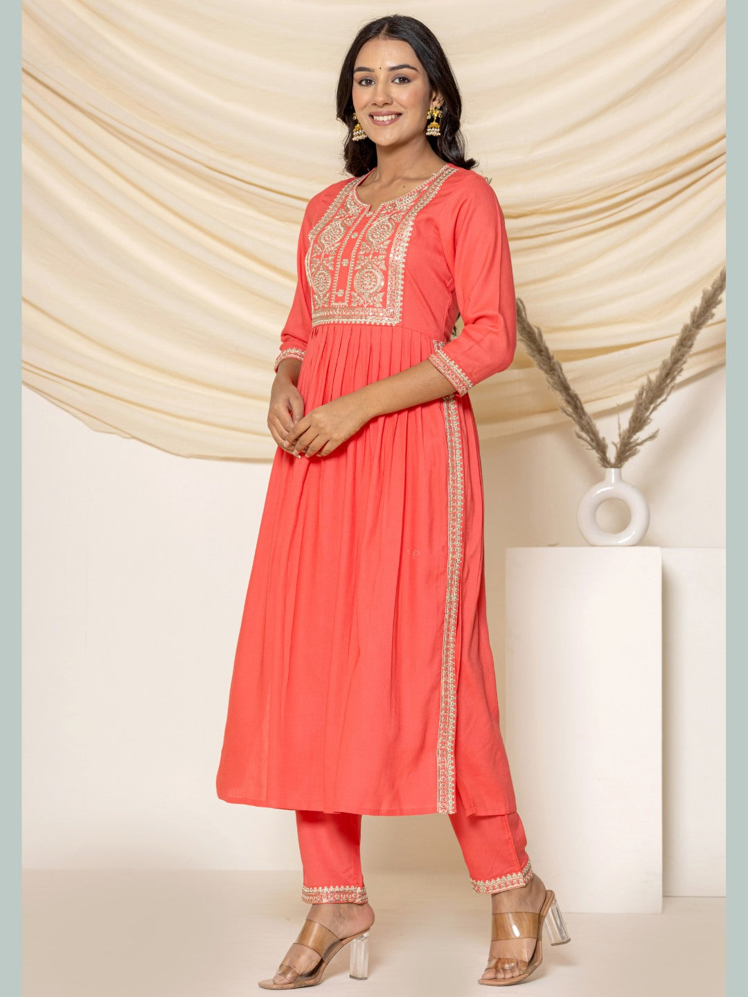Solid Emboidered Nyra Cut Kurta with Pants - Peach