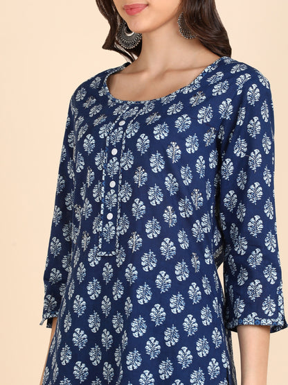 Pure Cotton Hand Embroidered Printed Straight cut Kurta - Indigo