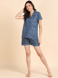 Pure Cotton Printed Night Suit Short Set - Blue
