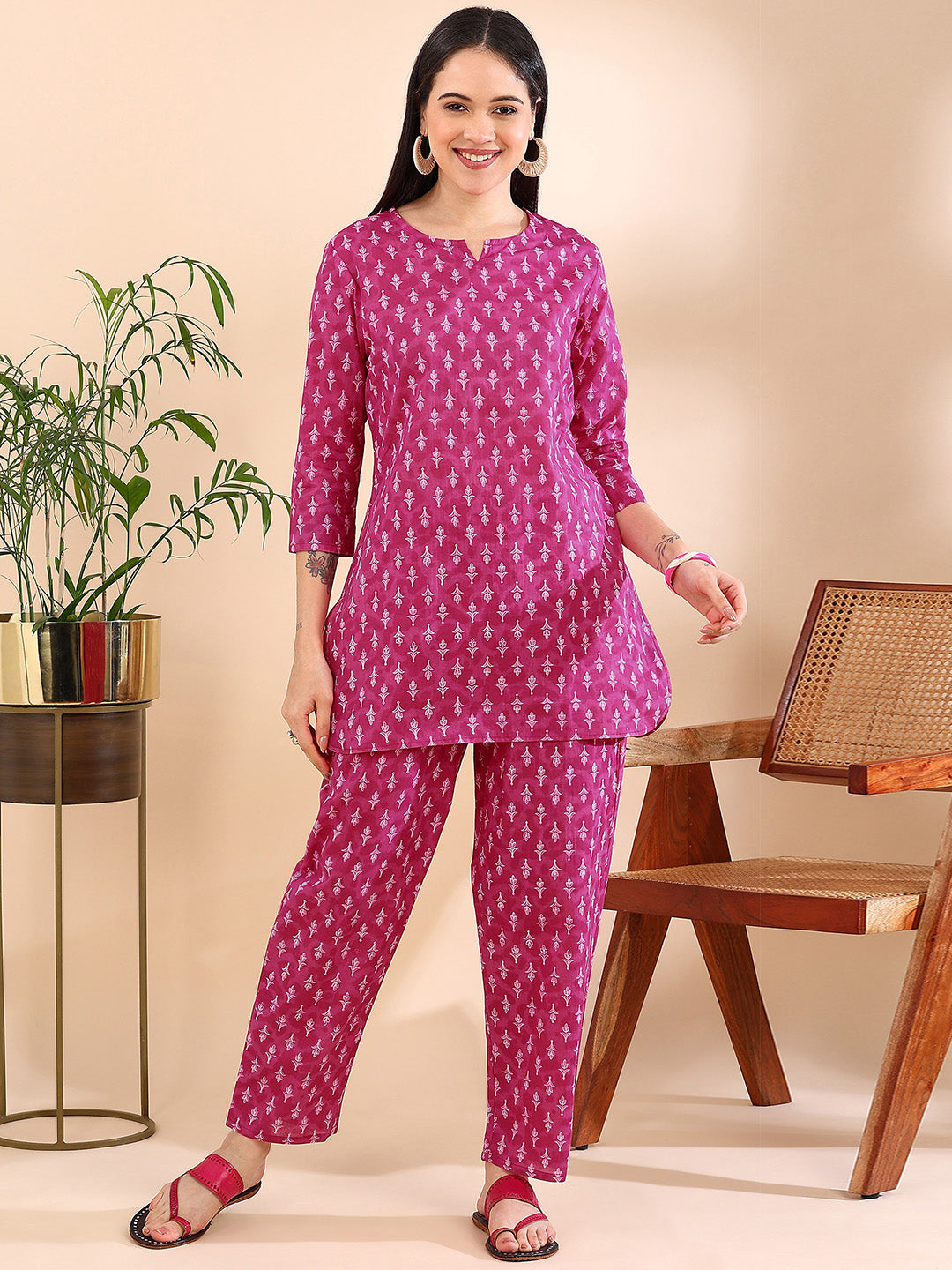 Vibrant Magenta & White Motif Pure Cotton Co-ord Set