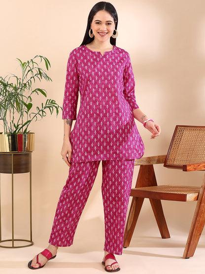 Vibrant Magenta & White Motif Pure Cotton Co-ord Set