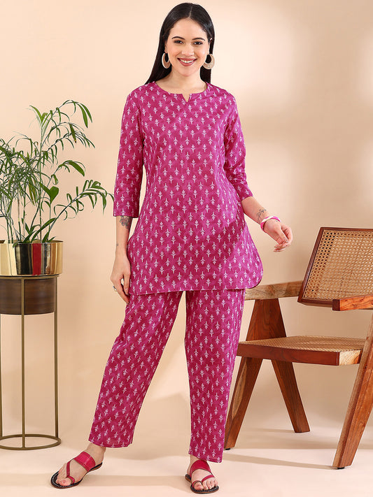 Vibrant Magenta & White Motif Pure Cotton Co-ord Set