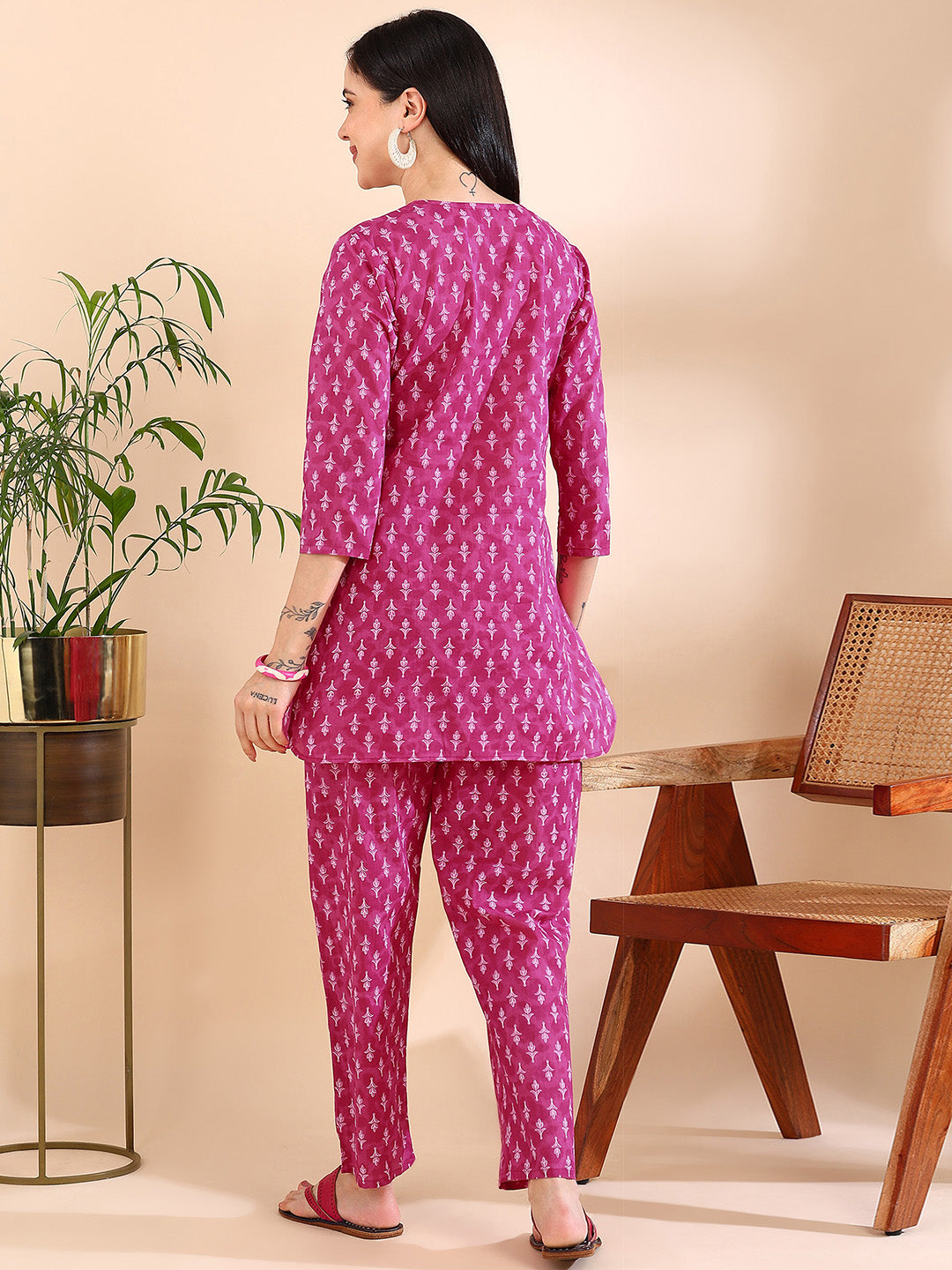 Vibrant Magenta & White Motif Pure Cotton Co-ord Set