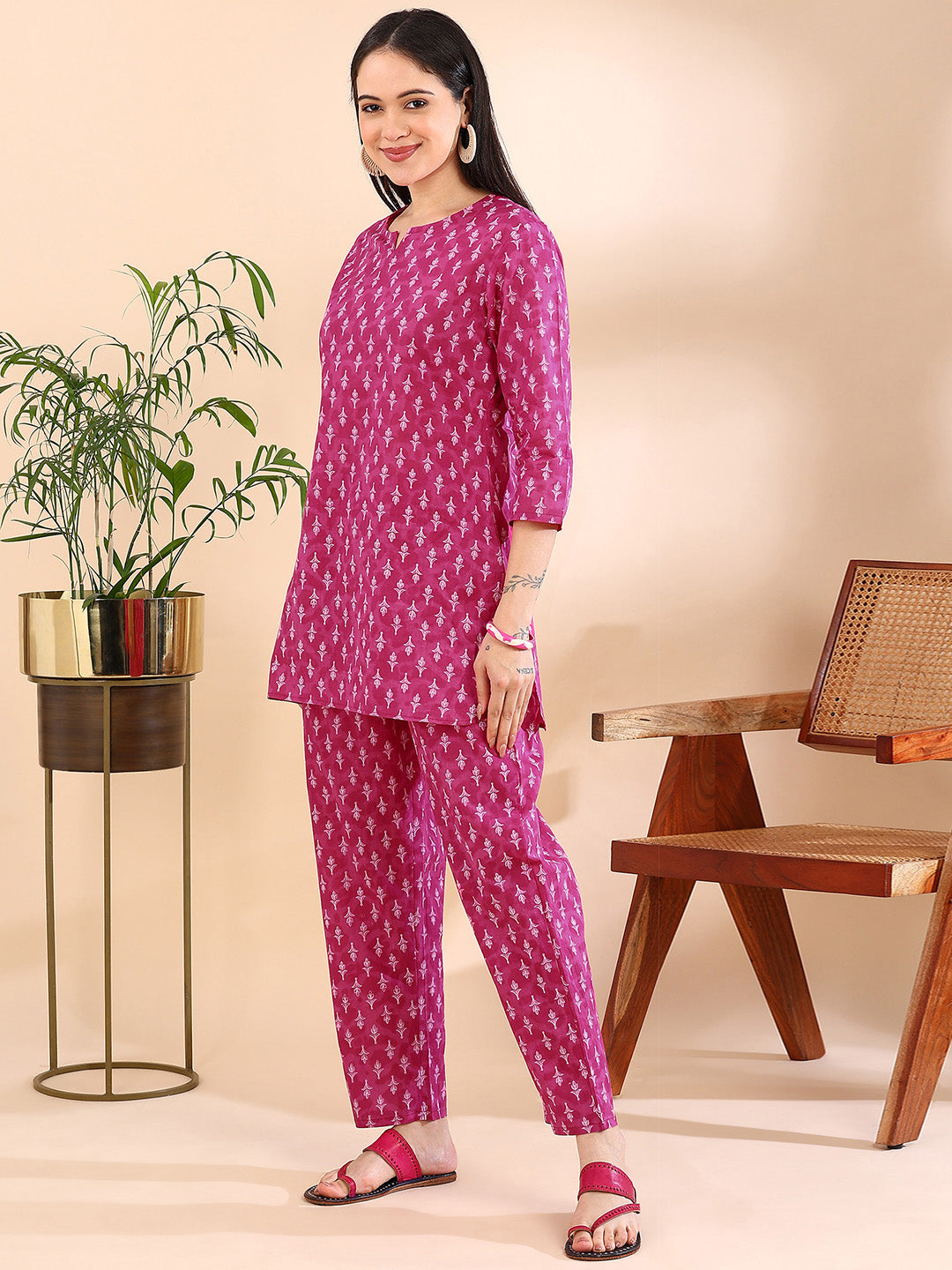 Vibrant Magenta & White Motif Pure Cotton Co-ord Set