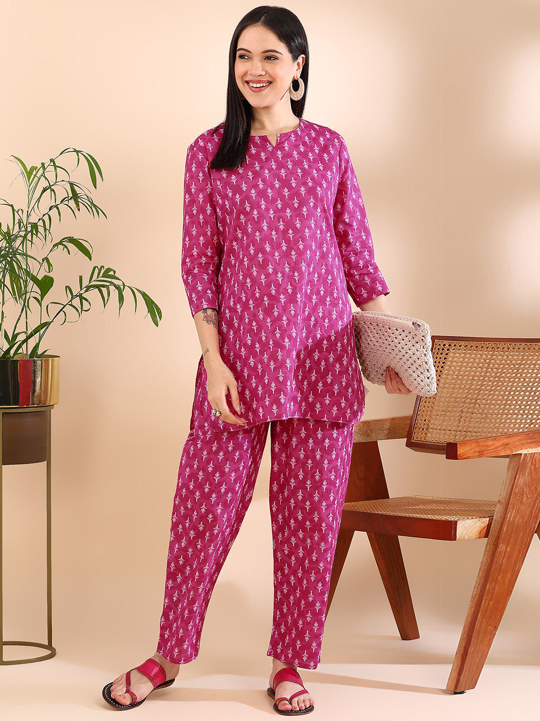 Vibrant Magenta & White Motif Pure Cotton Co-ord Set