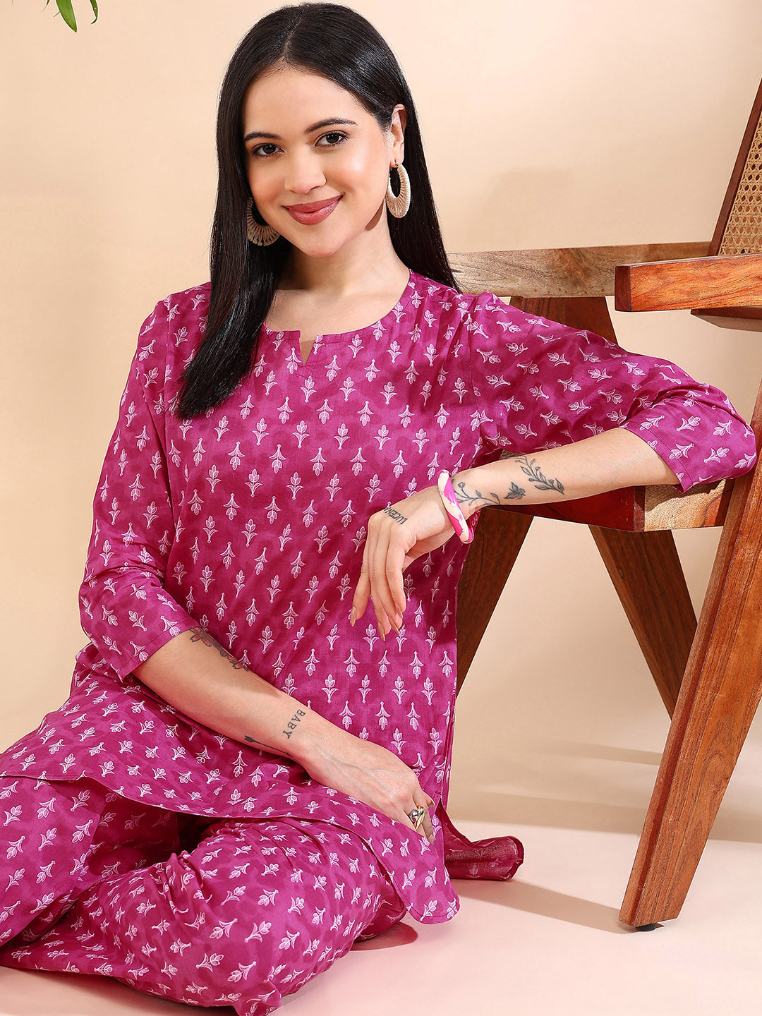Vibrant Magenta & White Motif Pure Cotton Co-ord Set