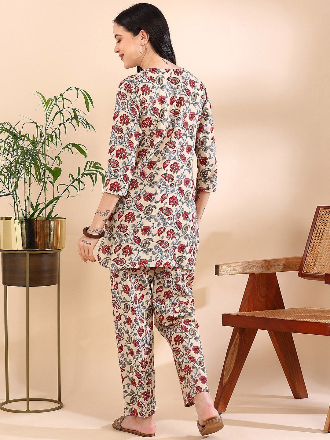 Artisan Bloom Pure Cotton Co-ord Set - Beige