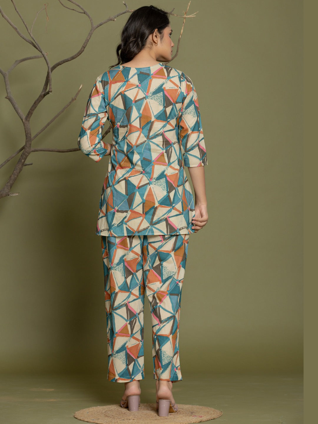 Geometric Abstract Print Pure Cotton Lounge Set  - Coffee