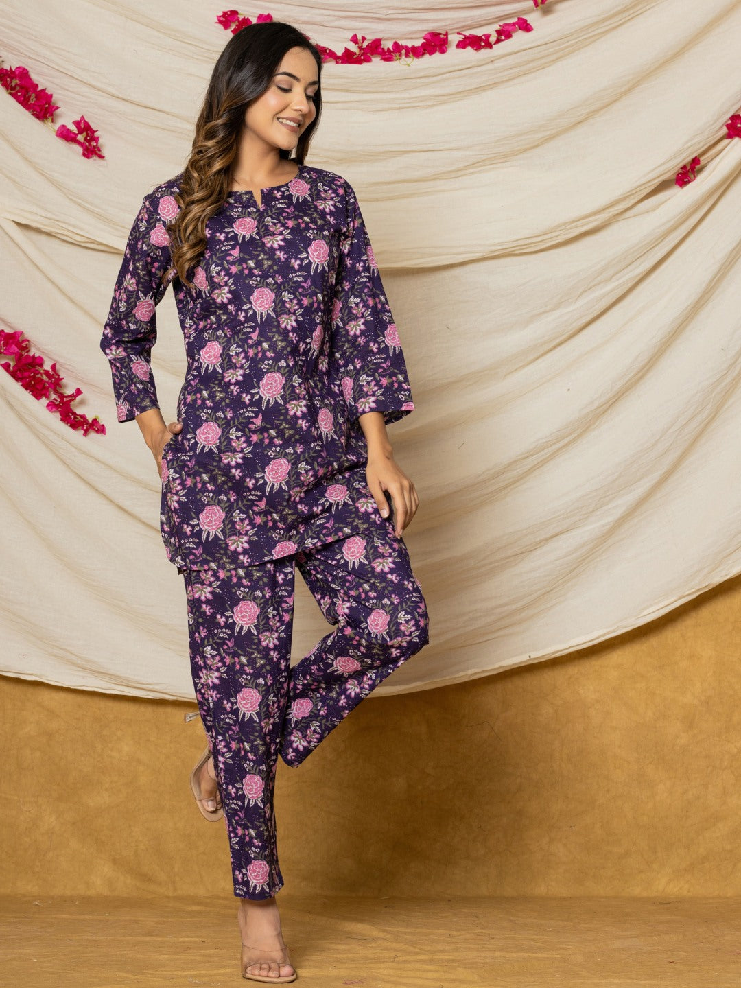 Floral Print Pure Cotton Lounge Set - Dark Blue