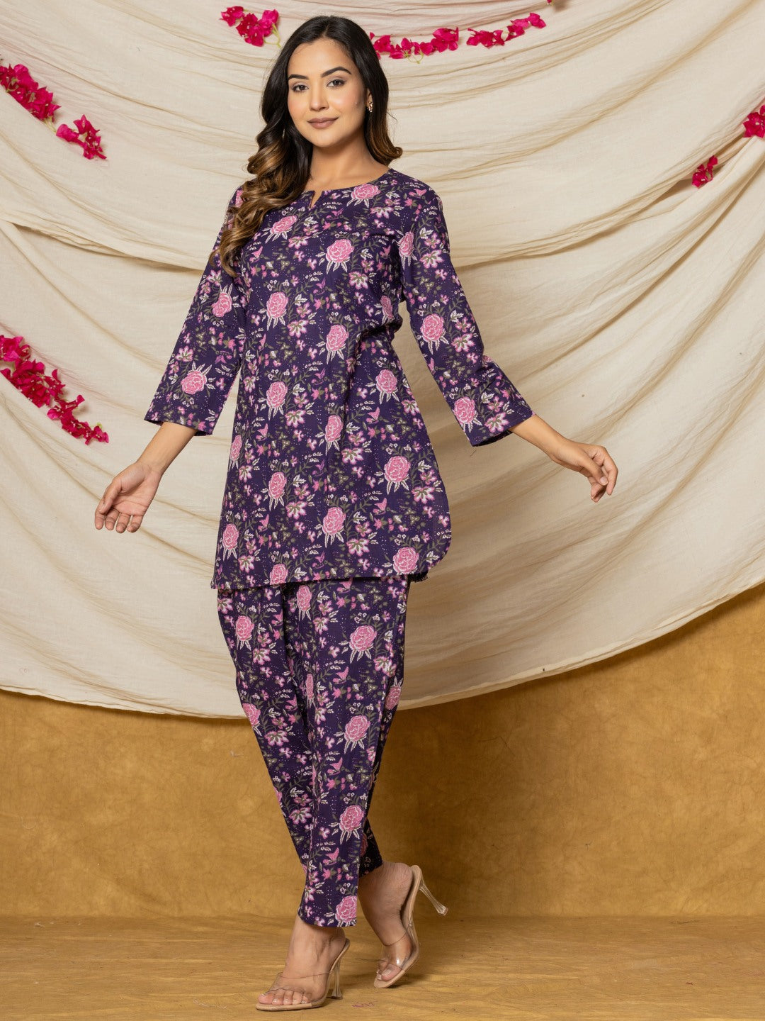 Floral Print Pure Cotton Lounge Set - Dark Blue