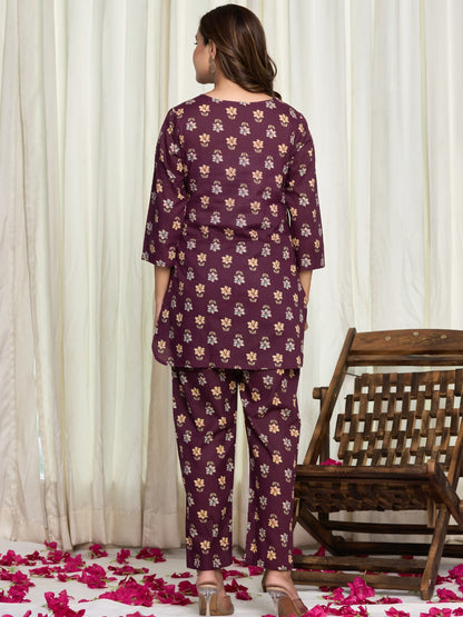 Floral Ethnic Print Pure Cotton Lounge Set  - Dark Purple