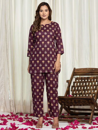 Floral Ethnic Print Pure Cotton Lounge Set  - Dark Purple