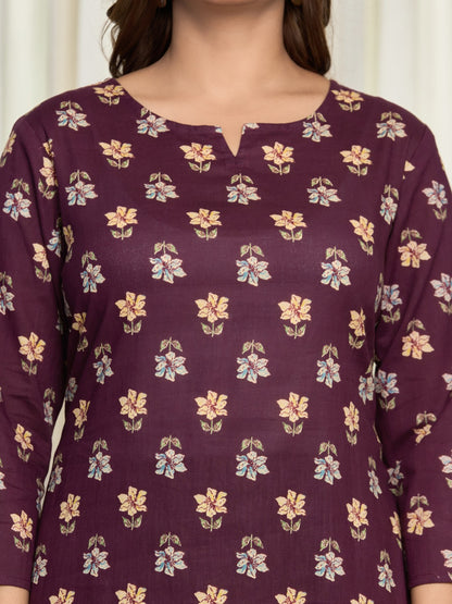 Floral Ethnic Print Pure Cotton Lounge Set  - Dark Purple