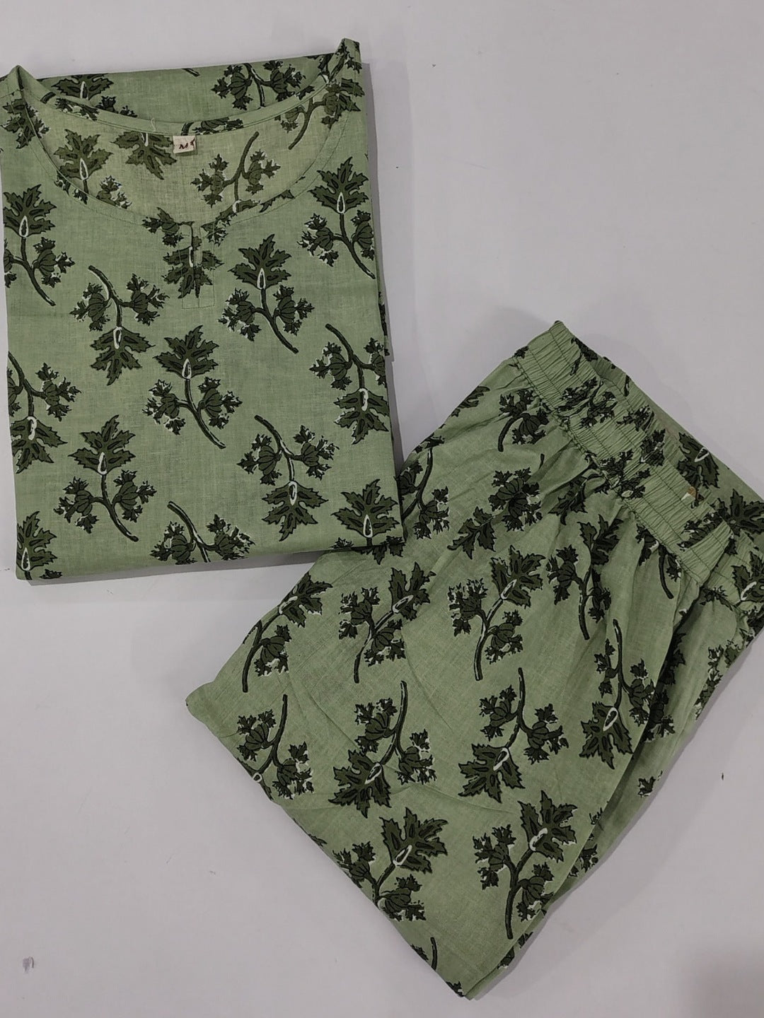 Floral Leafy Print Pure Cotton Lounge Set - Pista Green