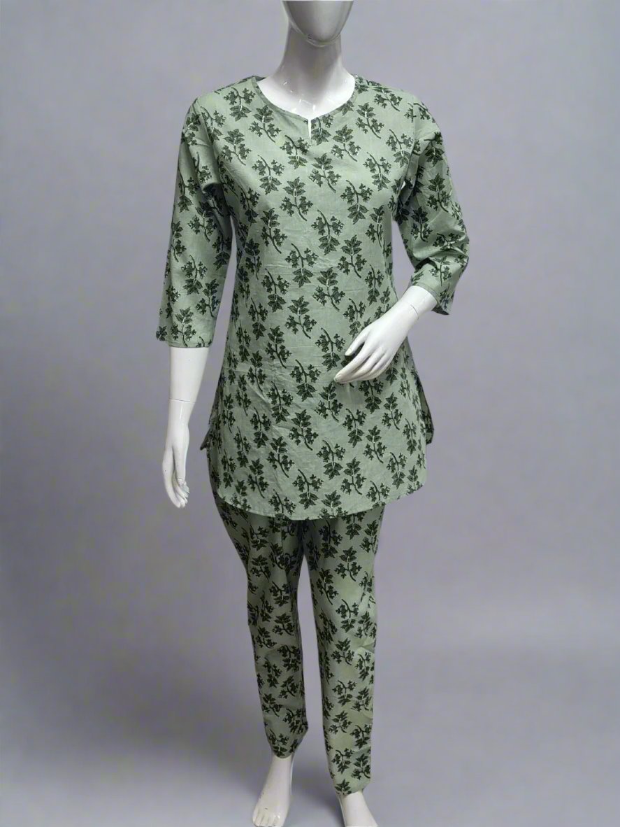 Floral Leafy Print Pure Cotton Lounge Set - Pista Green