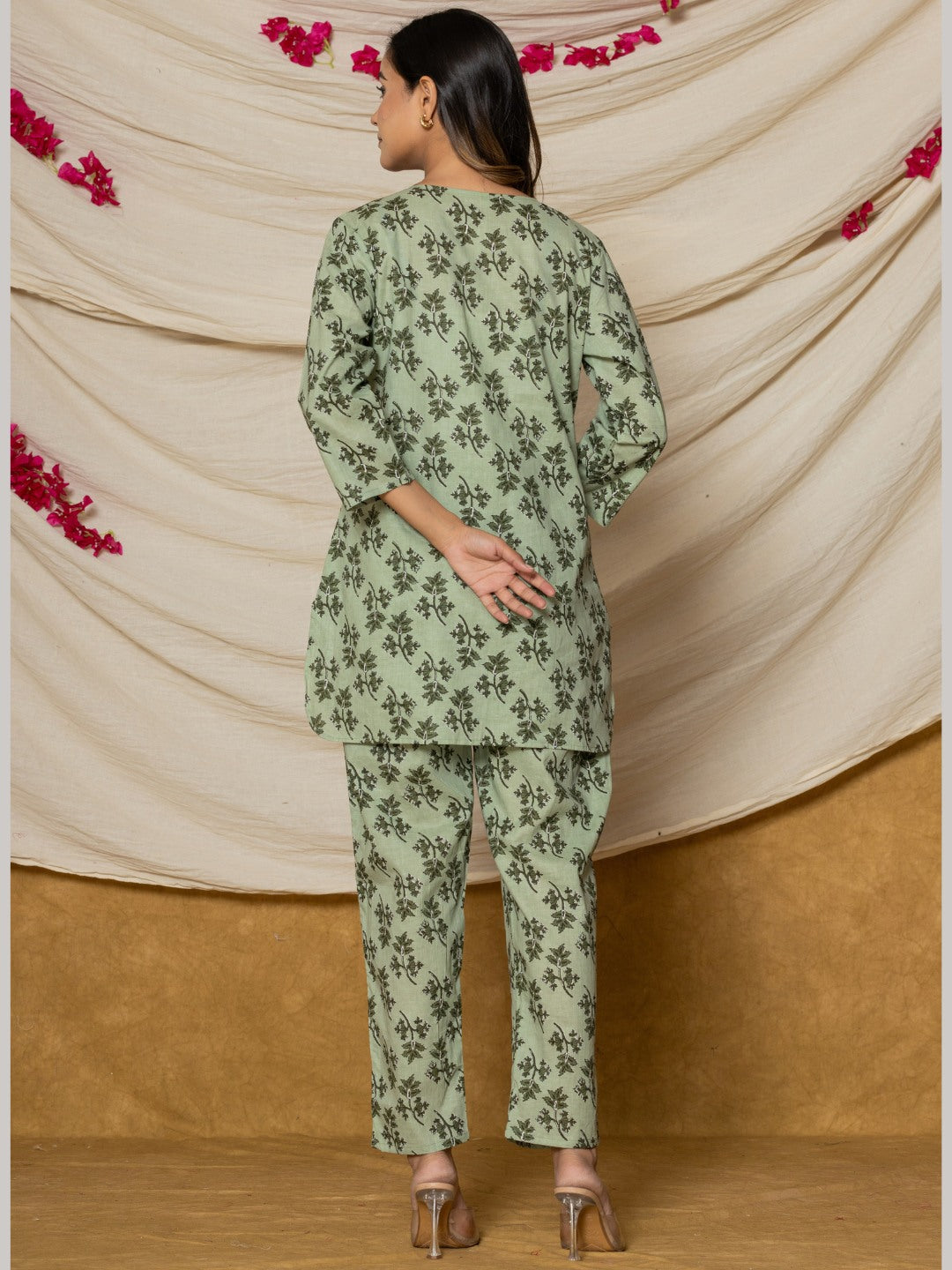 Floral Leafy Print Pure Cotton Lounge Set - Pista Green