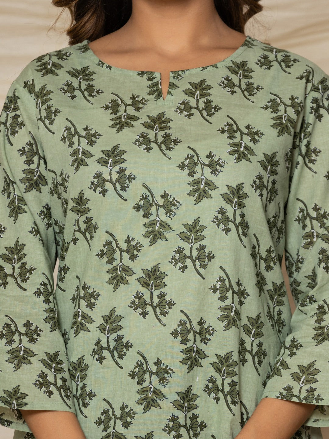 Floral Leafy Print Pure Cotton Lounge Set - Pista Green