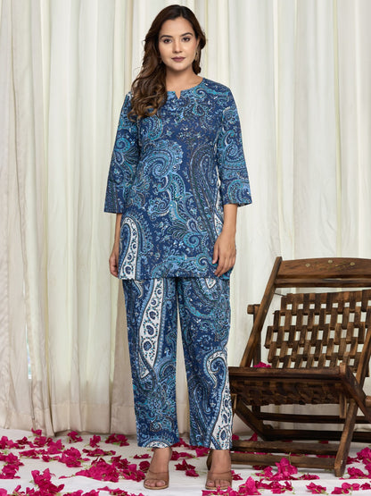 Floral Ethnic Print Pure Cotton Lounge Set  - Blue