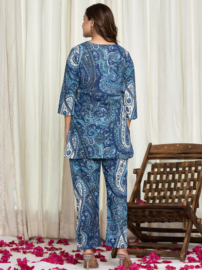 Floral Ethnic Print Pure Cotton Lounge Set  - Blue