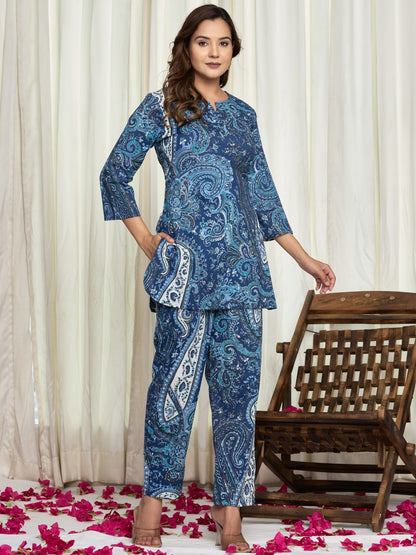 Floral Ethnic Print Pure Cotton Lounge Set  - Blue