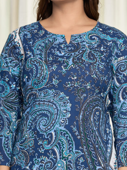 Floral Ethnic Print Pure Cotton Lounge Set  - Blue
