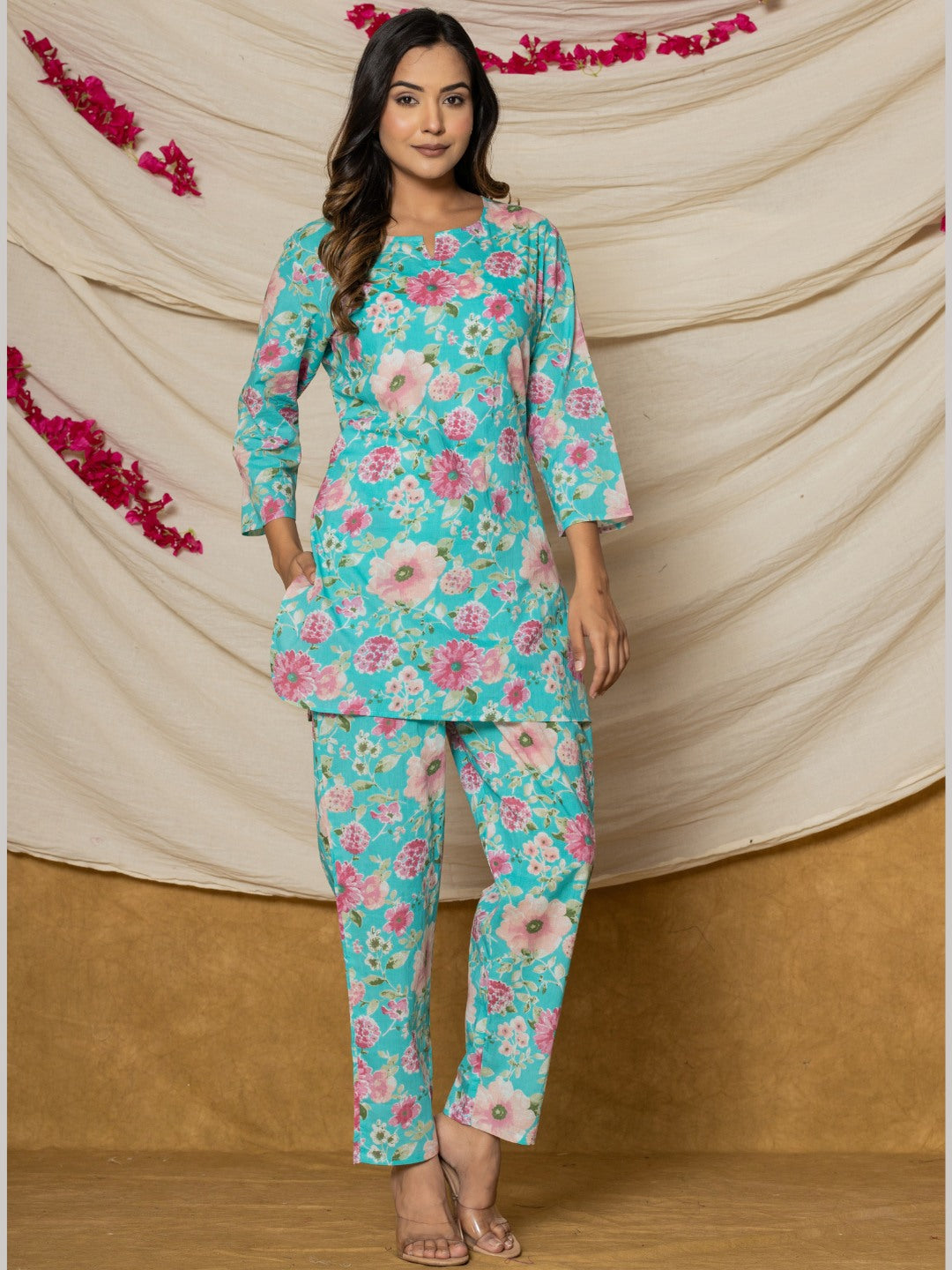 Floral Print Pure Cotton Lounge Set - Cyan