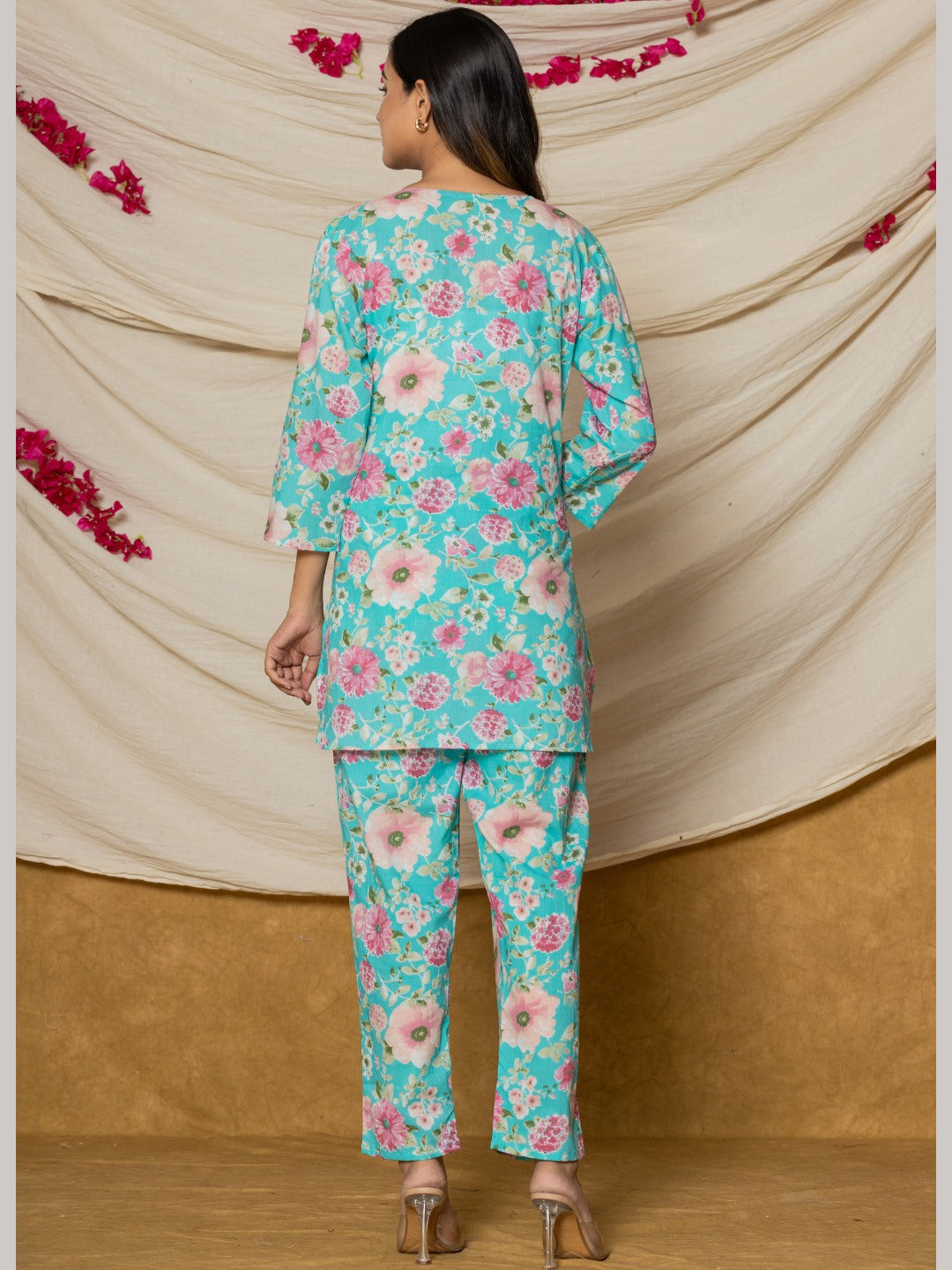 Floral Print Pure Cotton Lounge Set - Cyan