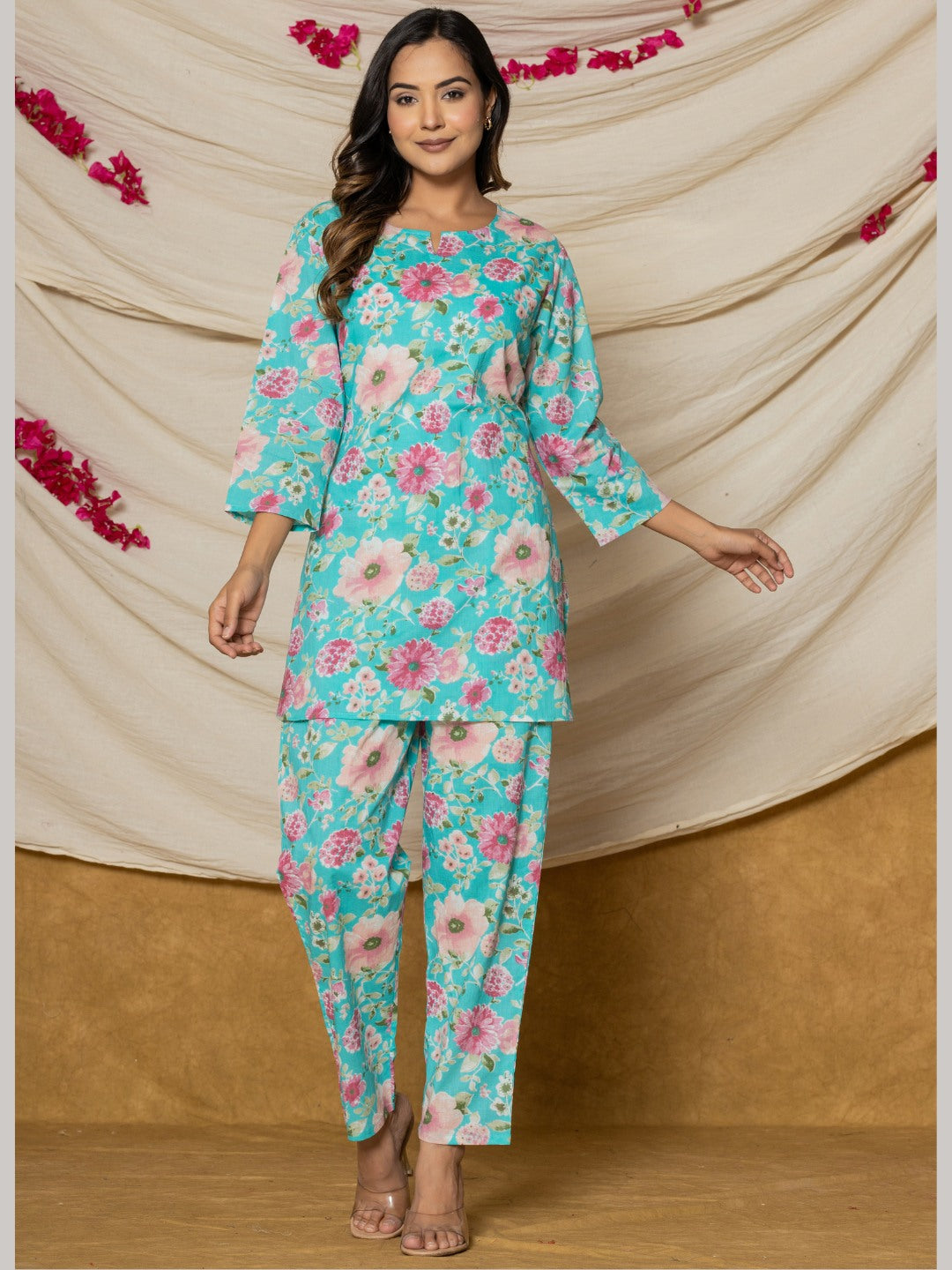 Floral Print Pure Cotton Lounge Set - Cyan