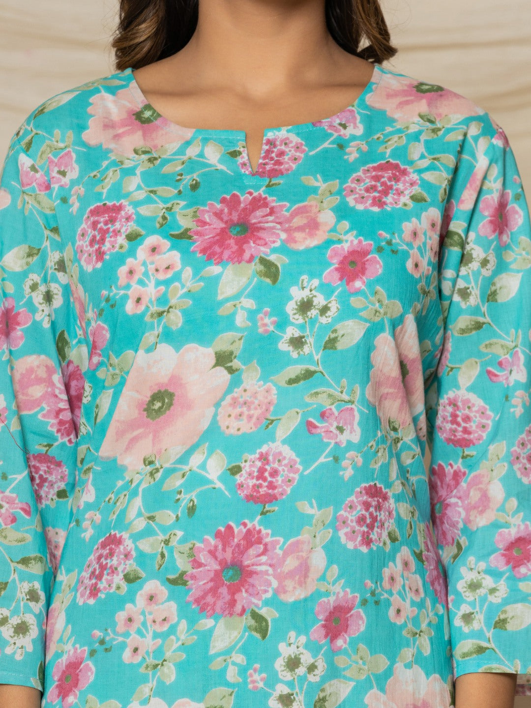 Floral Print Pure Cotton Lounge Set - Cyan