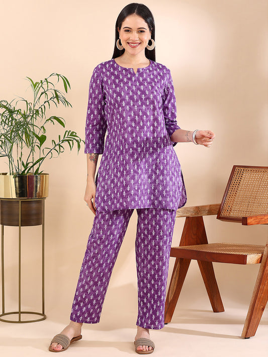 Vibrant Purple: The All-Over Motif Co-Ord Set