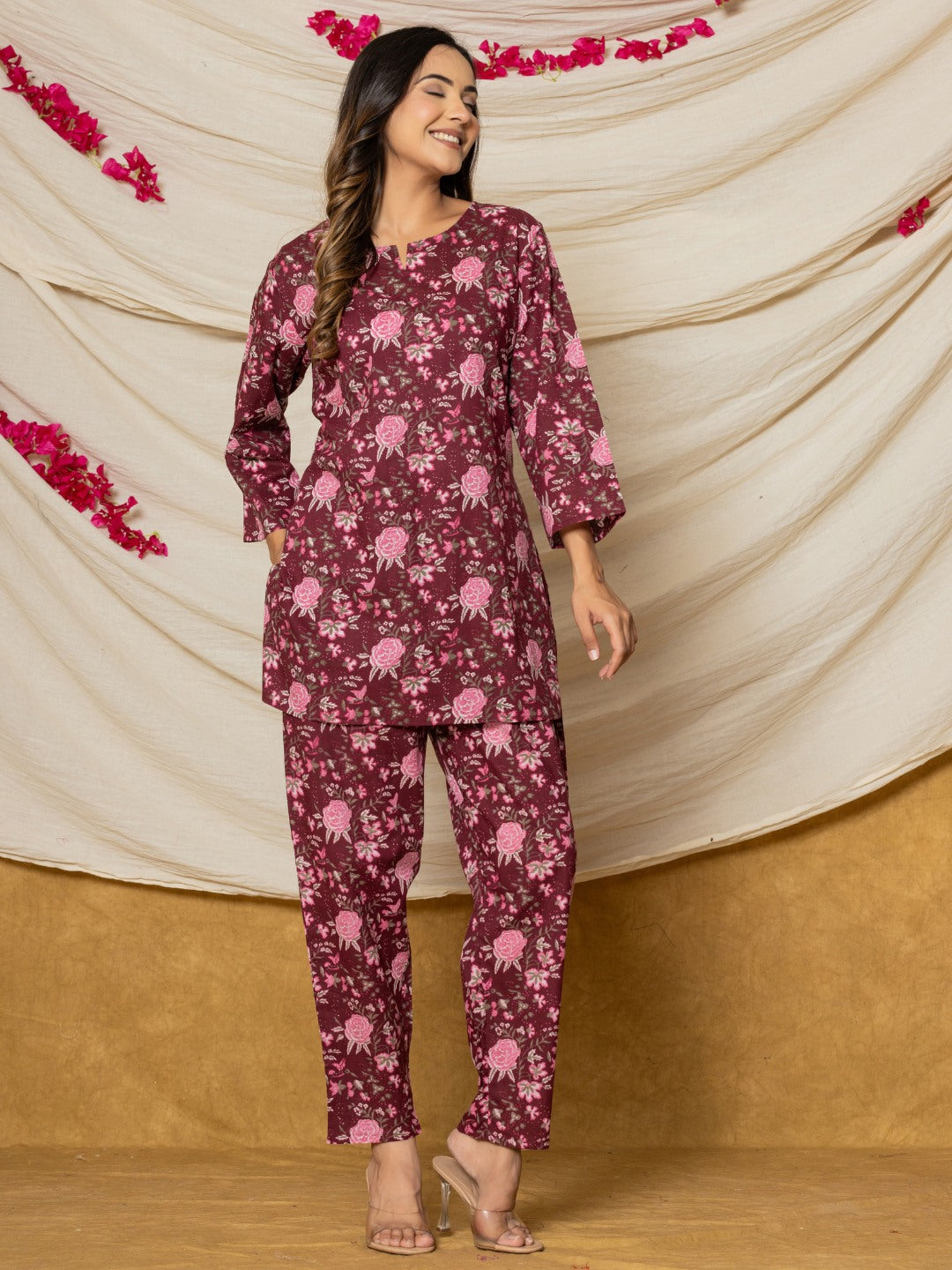 Floral Print Pure Cotton Lounge Set - Magenta