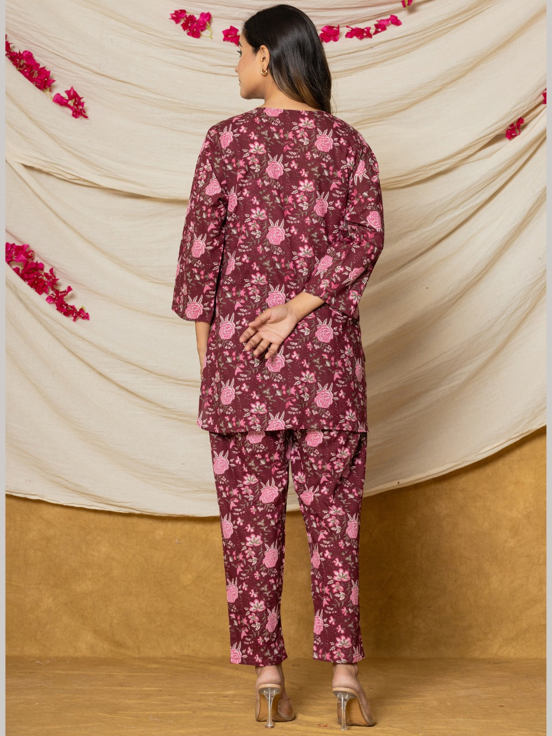 Floral Print Pure Cotton Lounge Set - Magenta