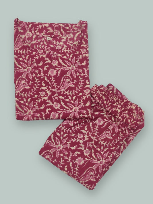 Floral Print Pure Cotton Lounge Set - Dark Pink