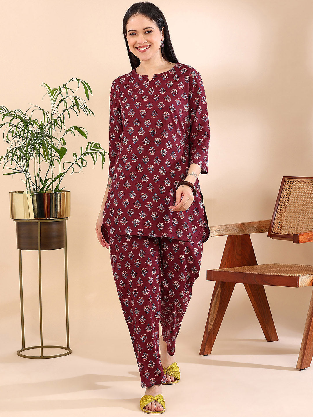 Berry-Chic Printed Co-ord Set! - Regal Maroon