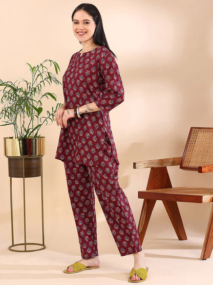 Berry-Chic Printed Co-ord Set! - Regal Maroon
