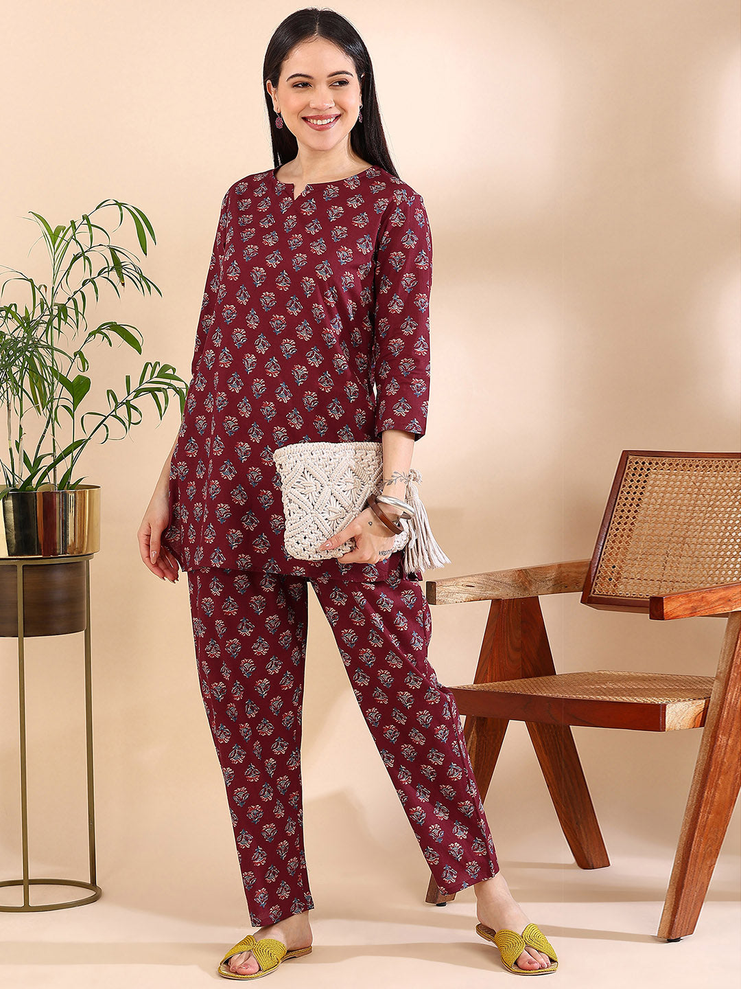 Berry-Chic Printed Co-ord Set! - Regal Maroon