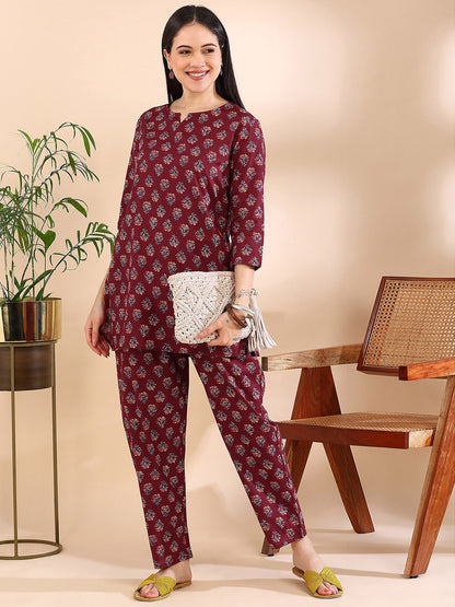 Berry-Chic Printed Co-ord Set! - Regal Maroon