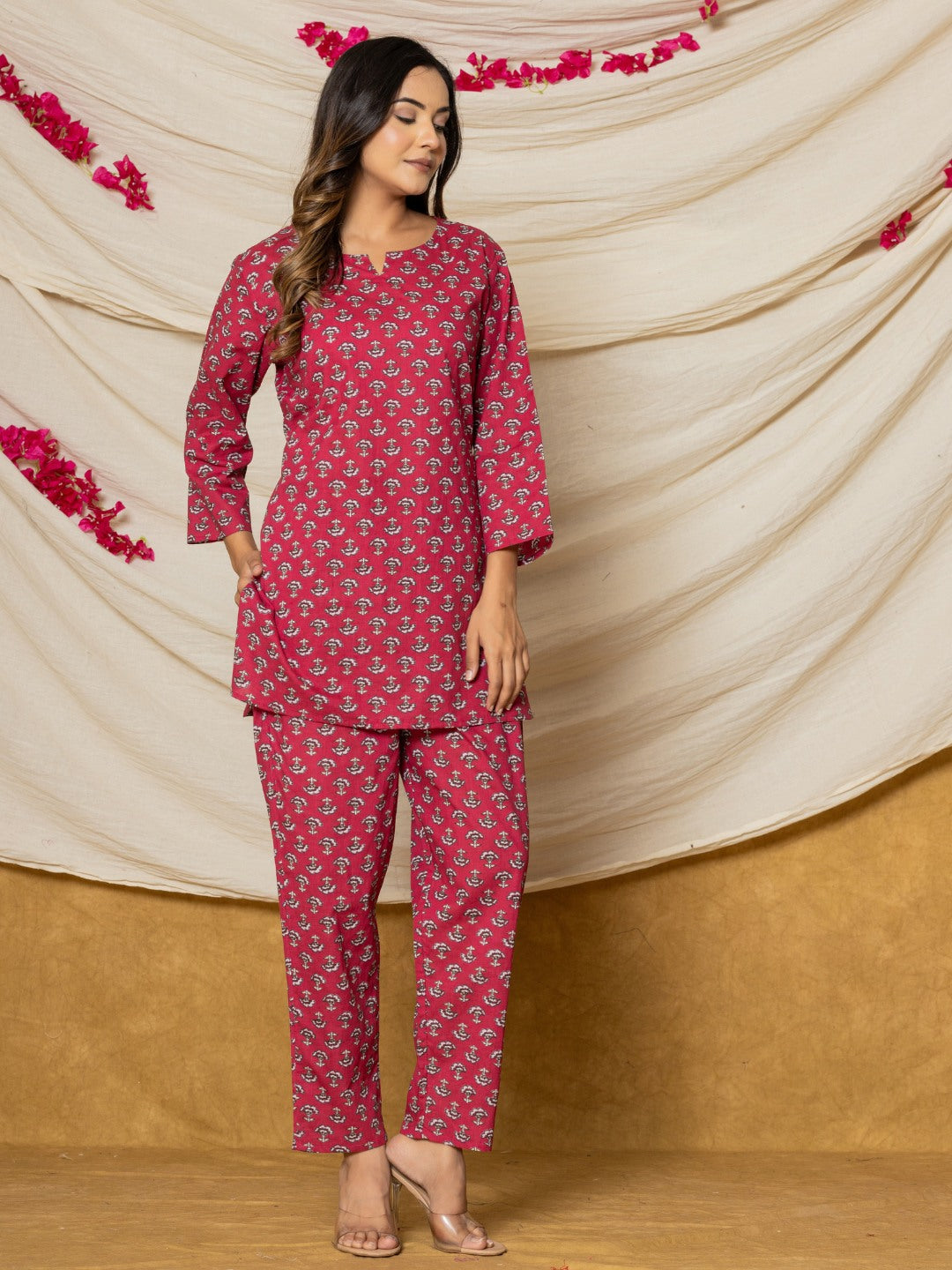 Floral Booti Print Pure Cotton Lounge Set - Rani Pink