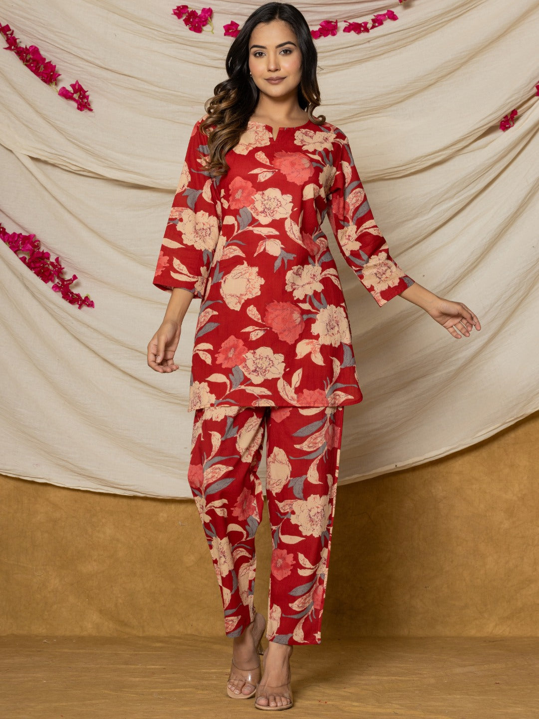 Floral Print Pure Cotton Co-Ord Set - Red