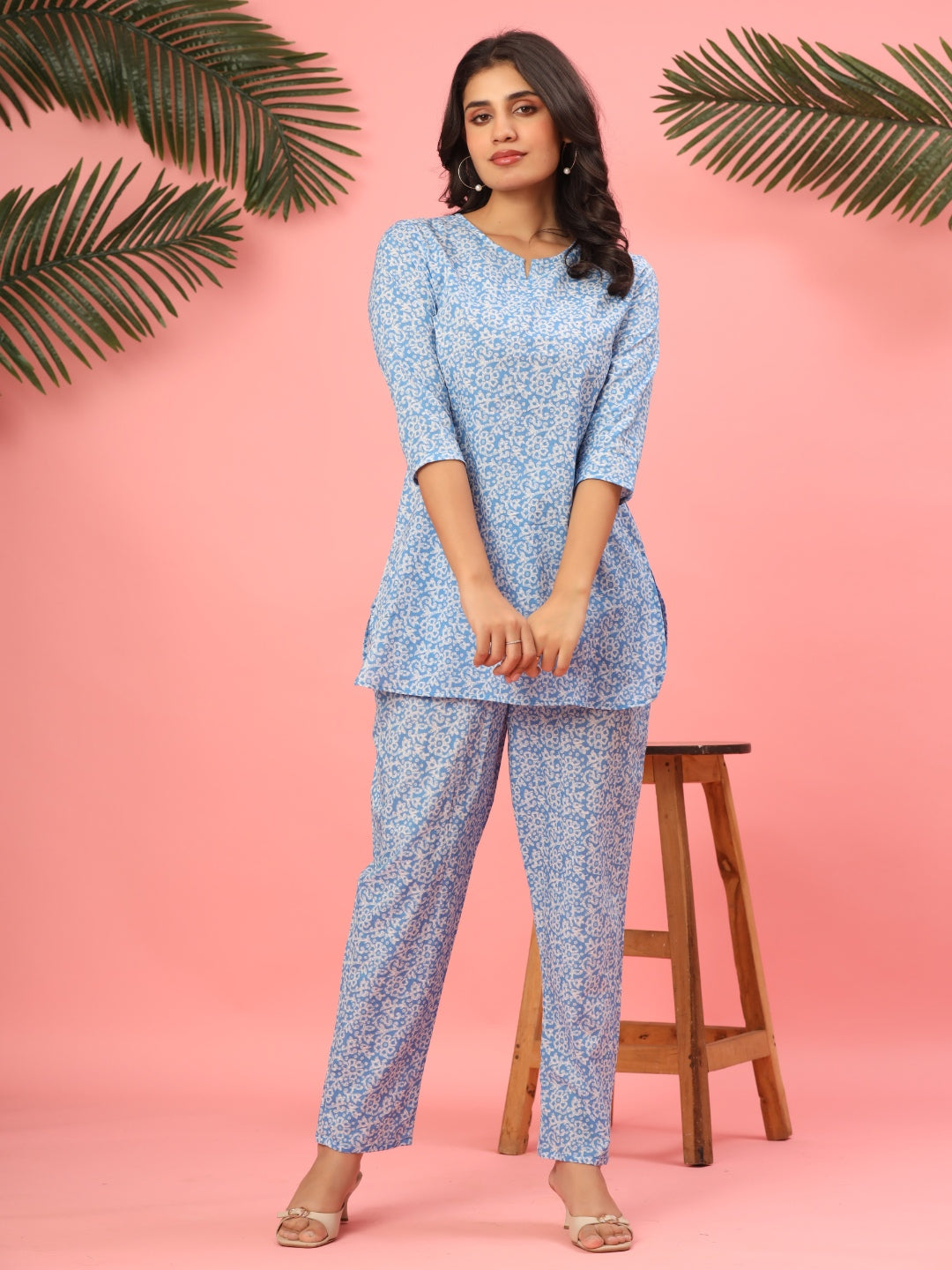 Sky Blue Serenity Floral Pure Cotton Co-ord Set