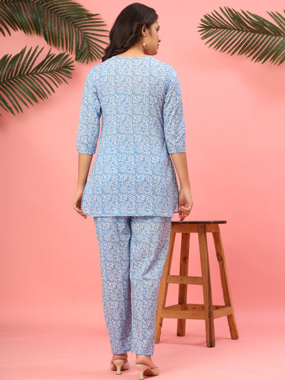 Sky Blue Serenity Floral Pure Cotton Co-ord Set
